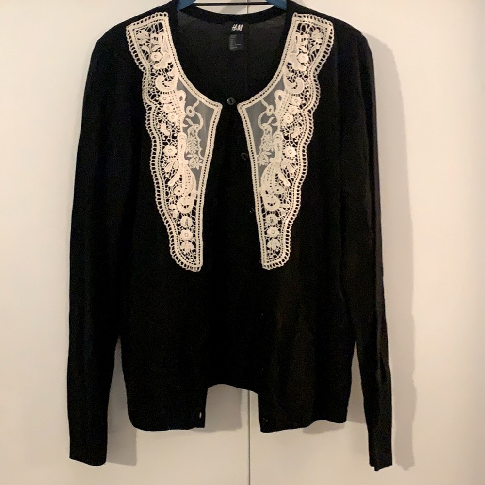 H&M black cardigan with cream lace front, size L